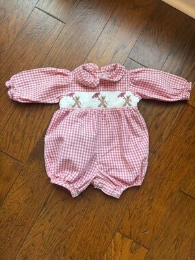 Rachel Riley 12 month Pink Gingham Smocked Baby Bubble Romper